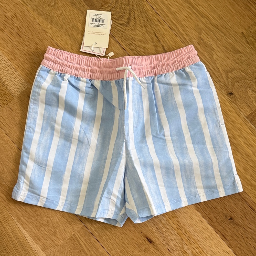 The Beaufort Bonnet Co Turtle Bay Swim Trunks in Sea Wall Stripe/Palm Beach Pink